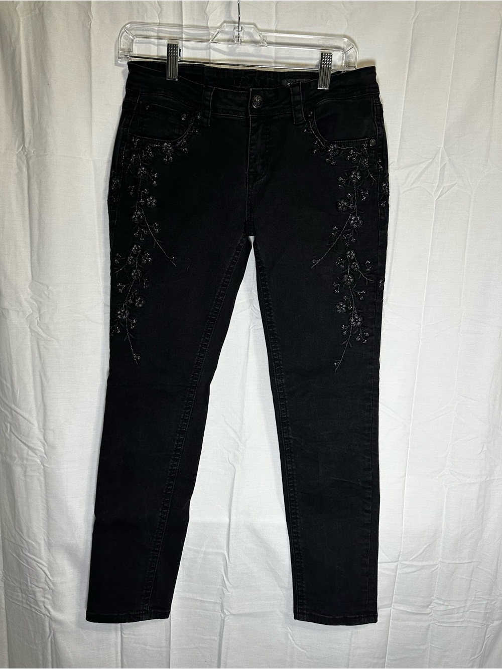Grace Black Skinny Jeans with Subtle Floral Embroidery size 30
